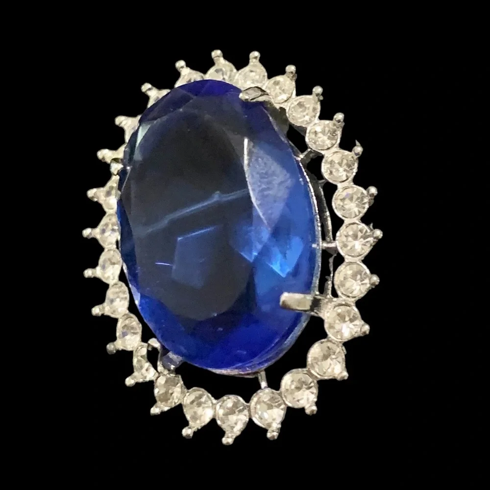 Blue Faceted Glass Pendant or Brooch Combo Silver Tone with Rhinestones - Picture 8 of 12